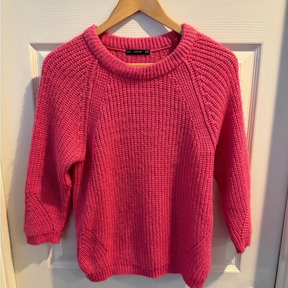Zara Bold Pink Knit Crew Neck Sweater